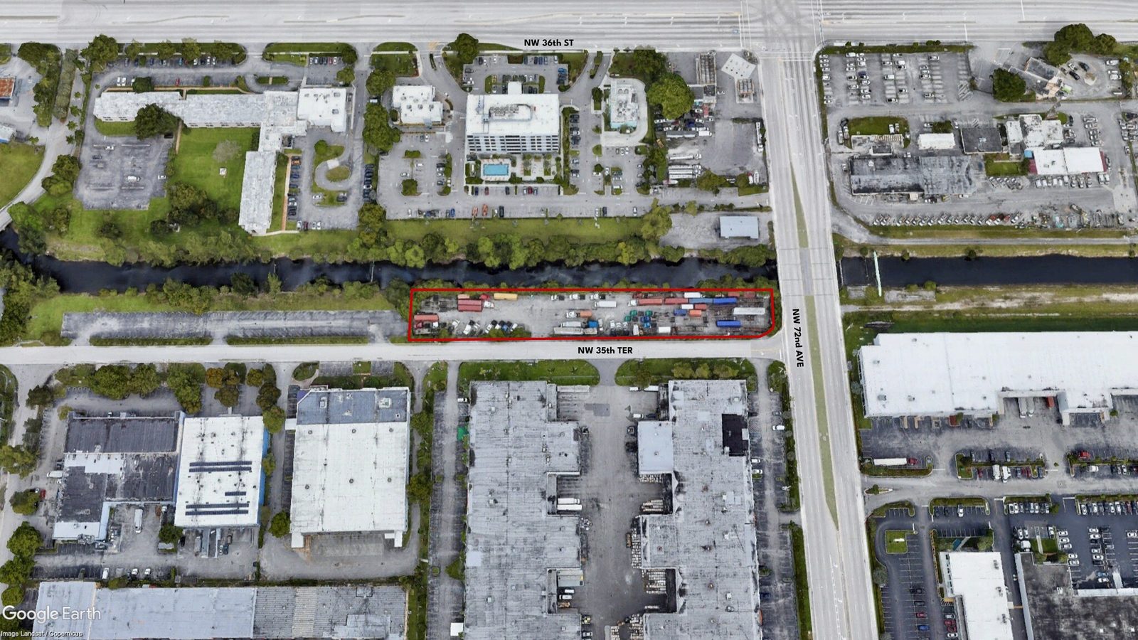 Labeled aerial of 3500 Milam Dairy Road — the parcel outlined along NW 35th Terrace at NW 72nd Avenue, Miami