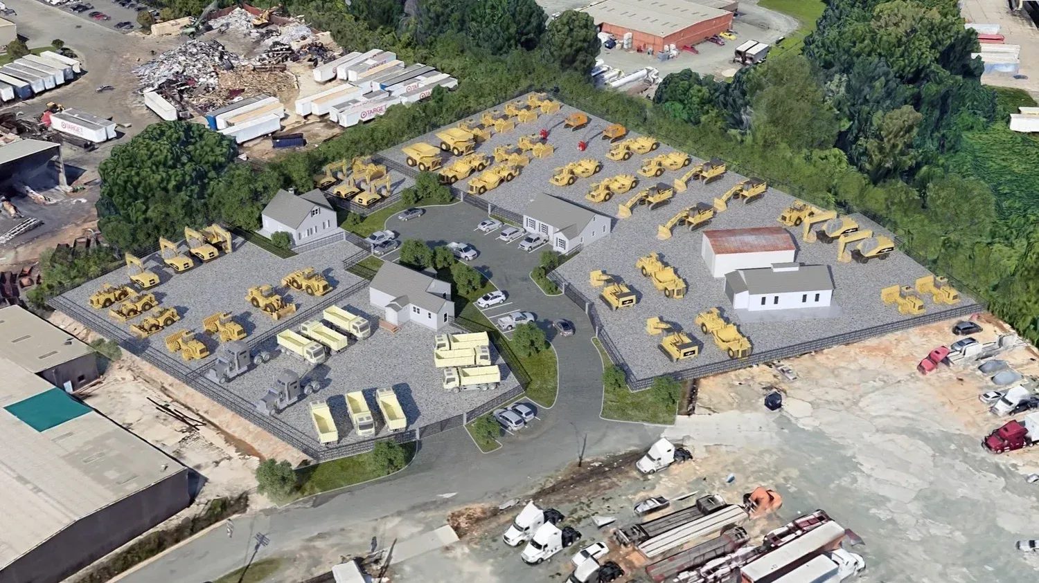 Rendering of the wider equipment-yard complex around 3525 Robinson Circle — graveled yards, standalone offices, and heavy equipment